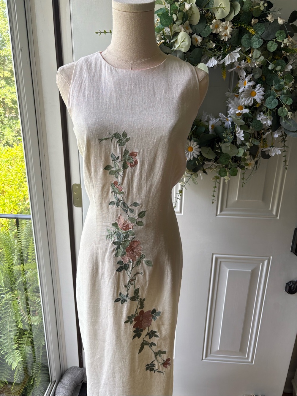 Vintage 90’s Scarlett 100% Linen Cream Midi Dress Pink Rose Embroidery